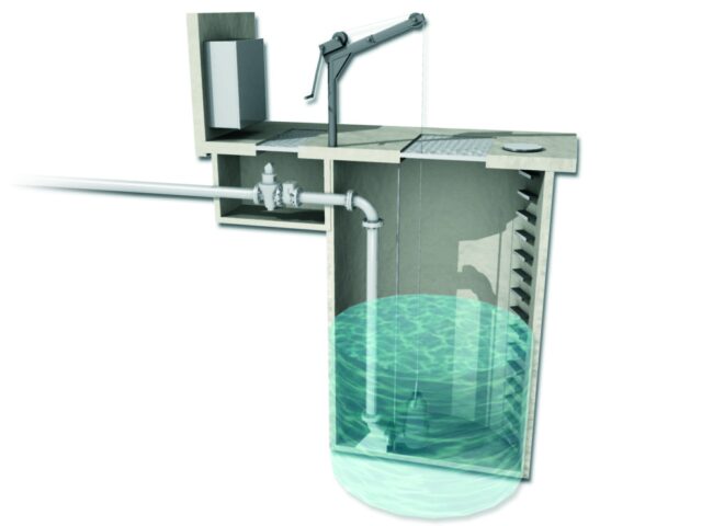 Poste de relevage avec pompes submersibles, palan et chambre à vannes