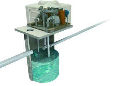 Poste de relevage avec pompes auto-amorçantes. Seules les canalisations d’aspiration sont introduites dans le poste de relevage existant.