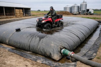 Citerne souple agricole avec agitation des effluents avec un quad